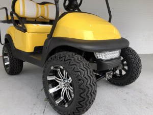 YELLOW AND WHITE DOUBLE TAKE LIFTED CLUB CAR PRECEDENT GOLF CART 04